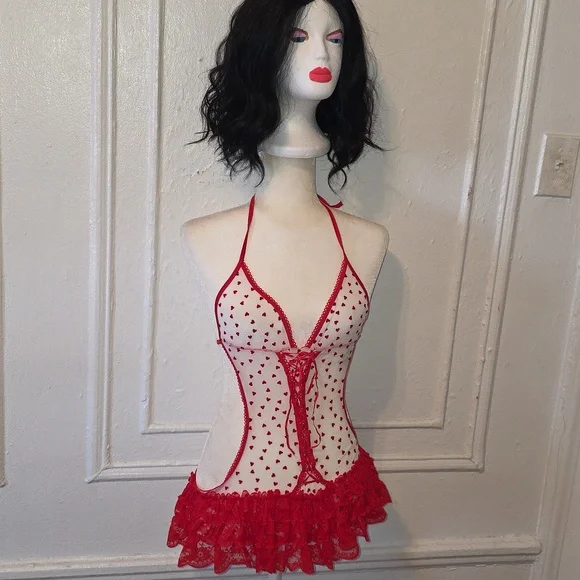 Leg Avenue Red Heart Lace Halter Chemise - Picture 7 of 8